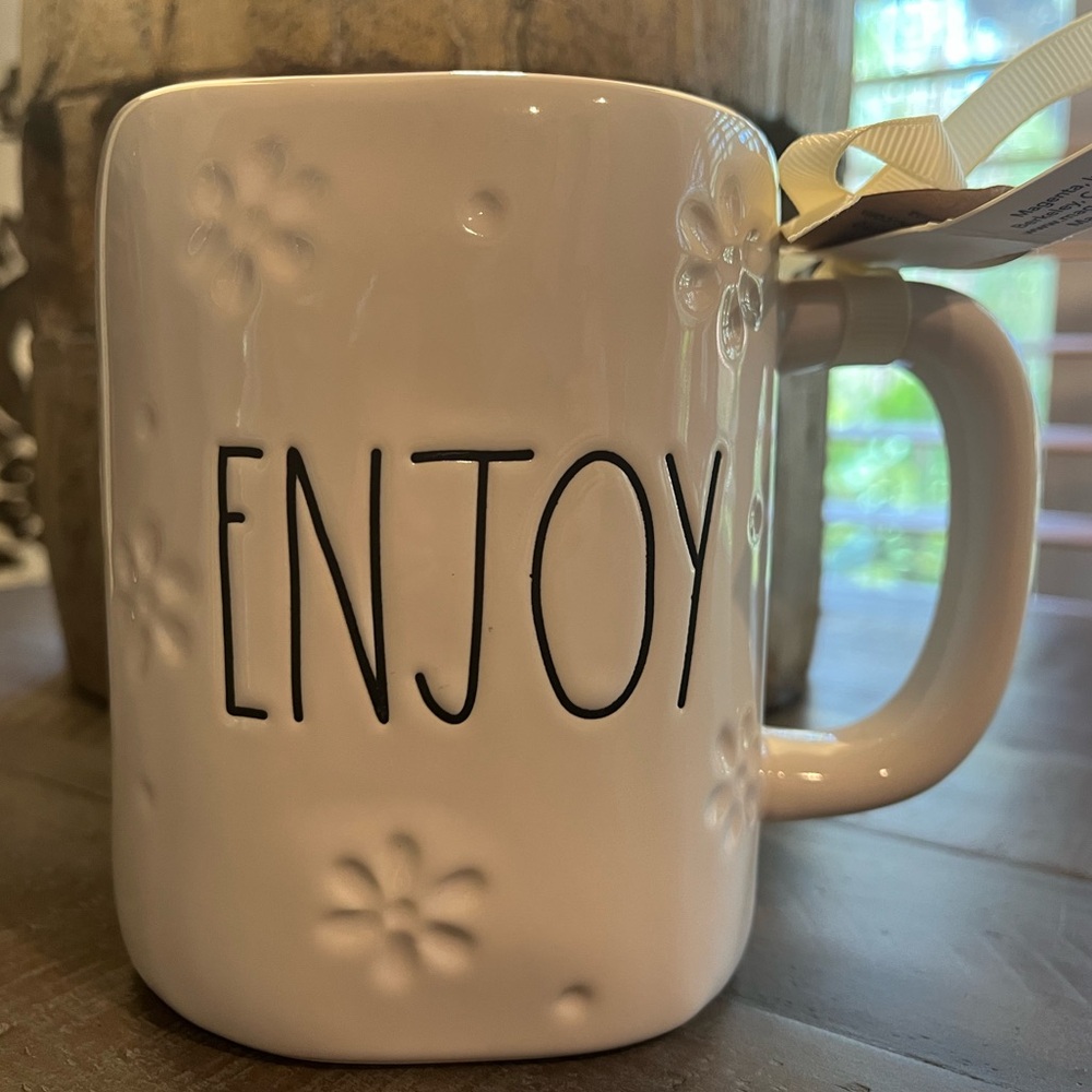 Rae Dunn ‘ENJOY’ White Ceramic Mug with Embossed Flowers